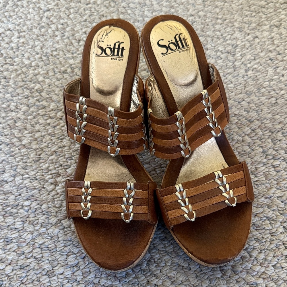 Sofft Women's Brown Sandal Heels w/Gold Accents & Cork Sole & Heel! 10M